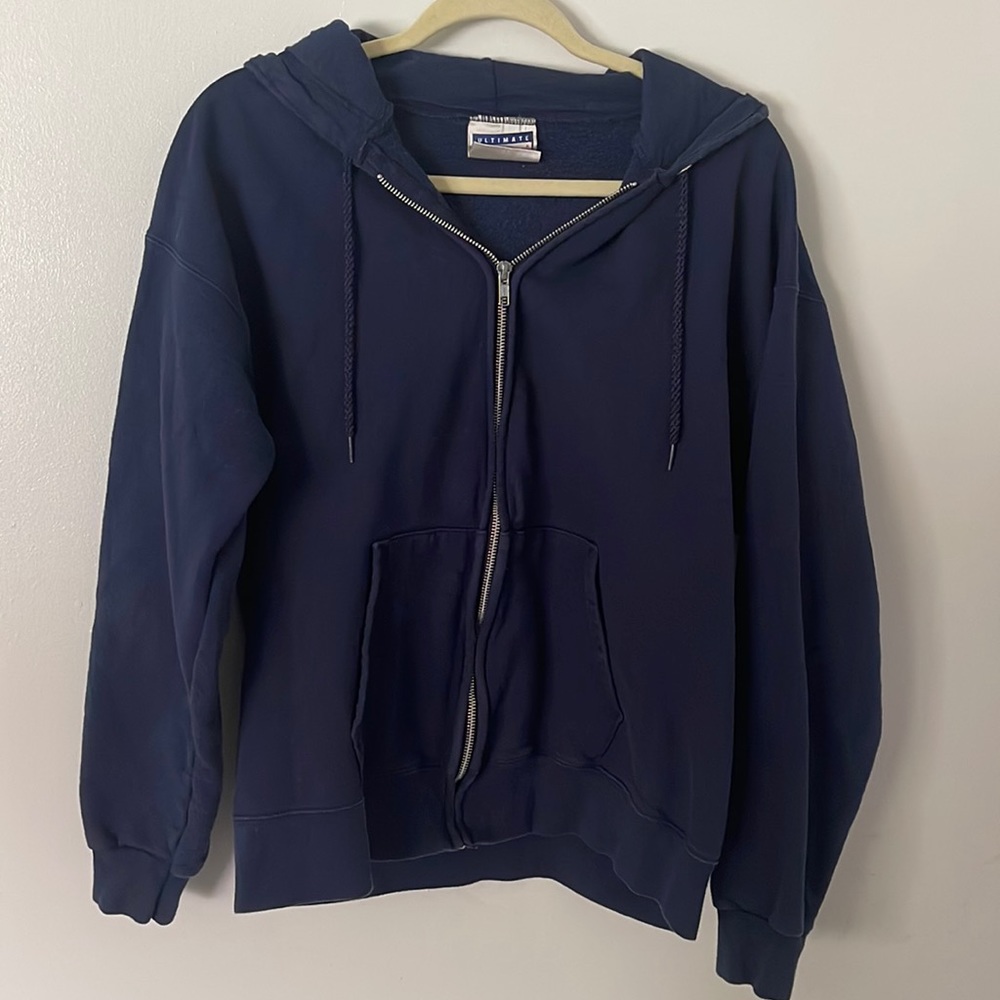 HANES | Ultimate Cotton Full-Zip Hooded Sweatshirt Navy Blue Hoodie Size M
